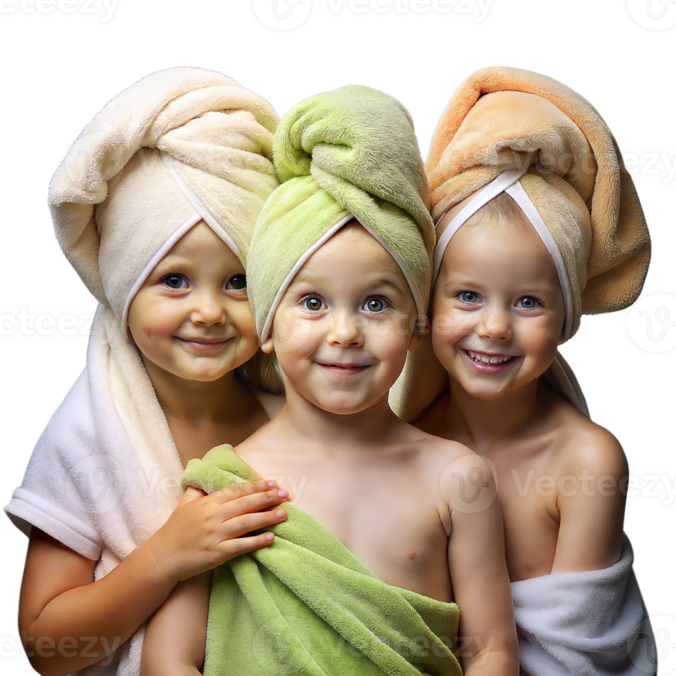 Three Smiling Children With Towel-Wrapped Hair Posing Together After Bath Time png