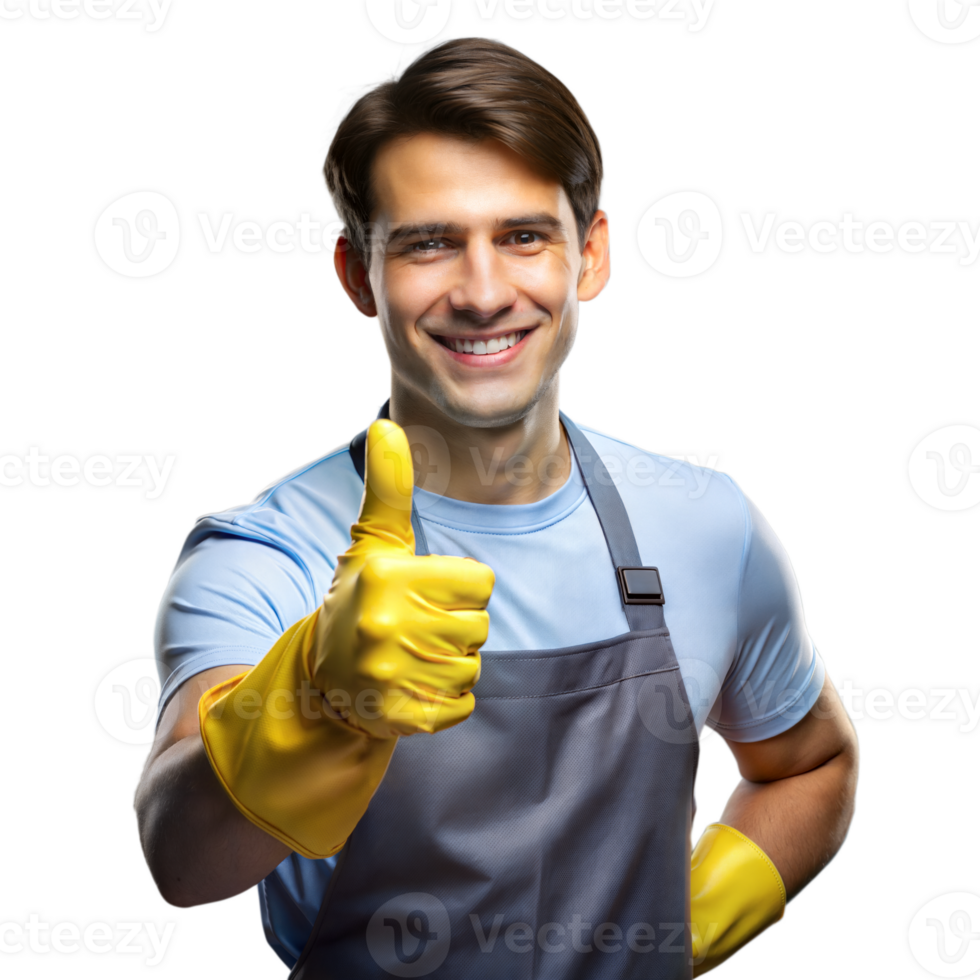 souriant homme dans une bleu tablier donnant une les pouces en haut portant Jaune caoutchouc gants png