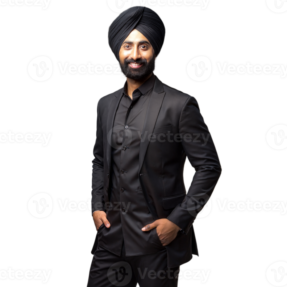 sonriente sij hombre en tradicional turbante vistiendo elegante negro traje en transparente antecedentes png