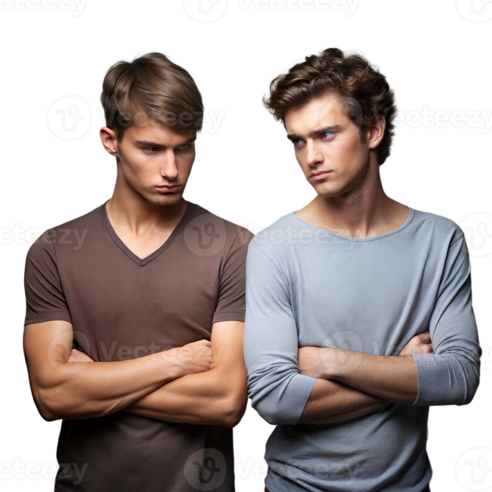 Two Young Men in Casual Clothing Standing With Arms Crossed in a Studio Setting png