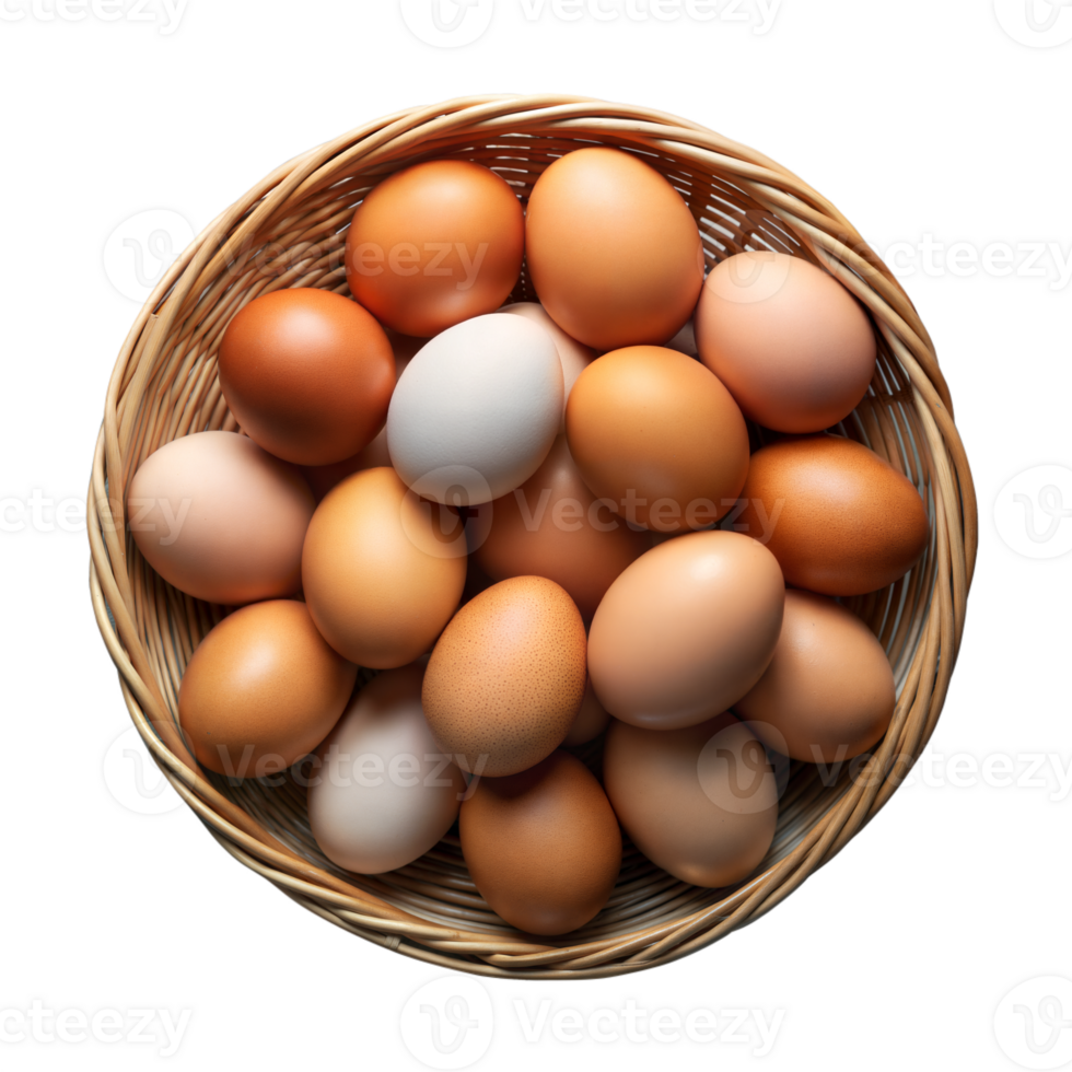 Assortment of Brown and One White Egg in a Wicker Basket Viewed From Above png