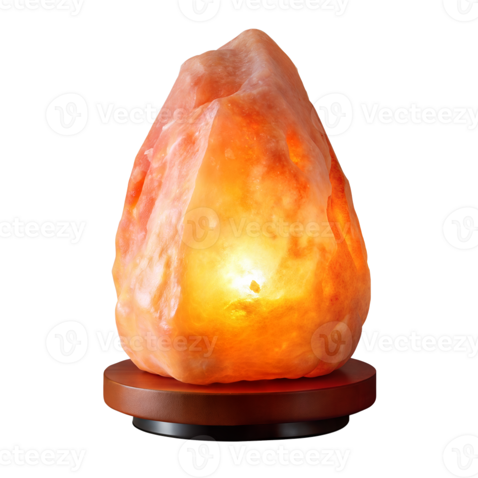 Illuminated Himalayan Salt Lamp on Wooden Base Against Transparent Background png