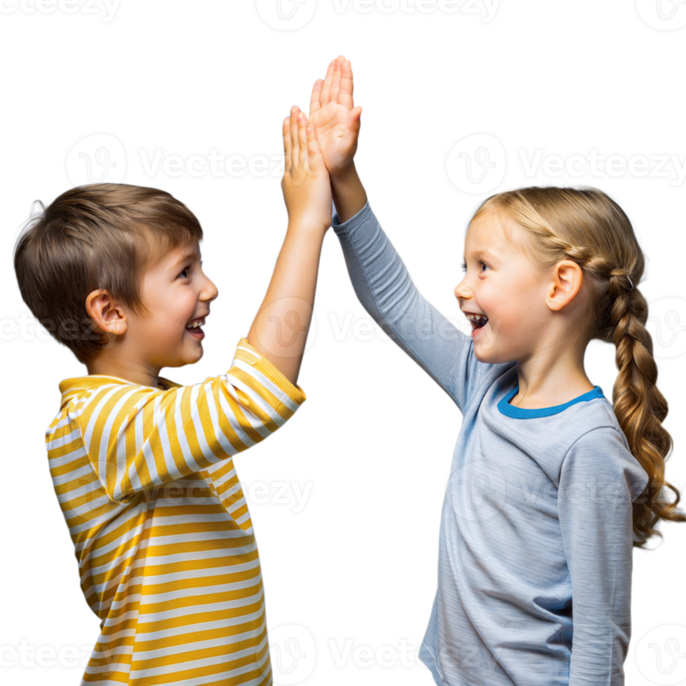 Smiling Young Boy and Girl Celebrating With a High Five Indoors png