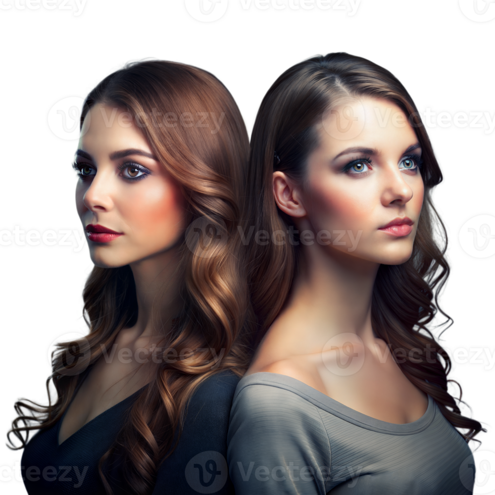 Two Women With Elegantly Styled Hair and Natural Makeup Posing Back to Back png