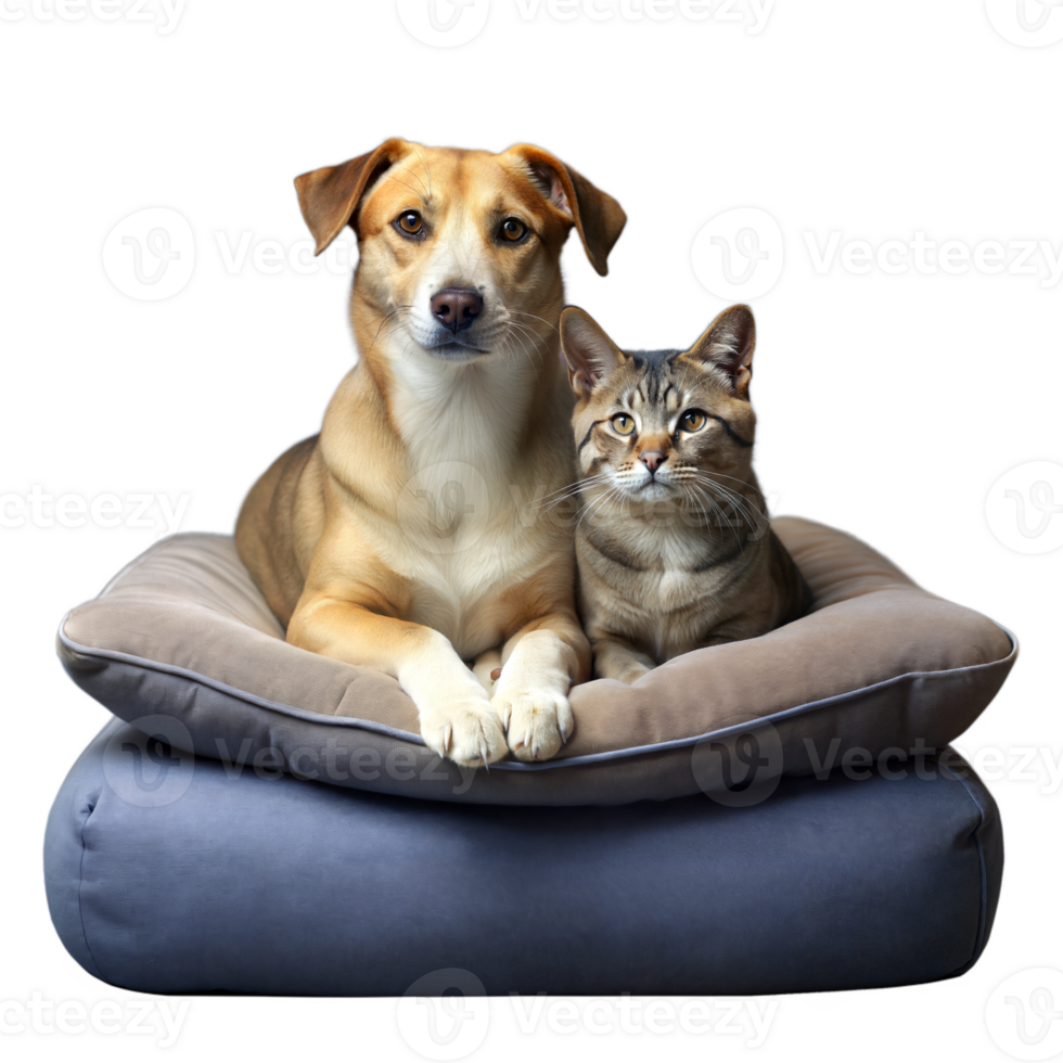 Dog and Cat Sitting Side by Side on a Cushioned Pet Bed png