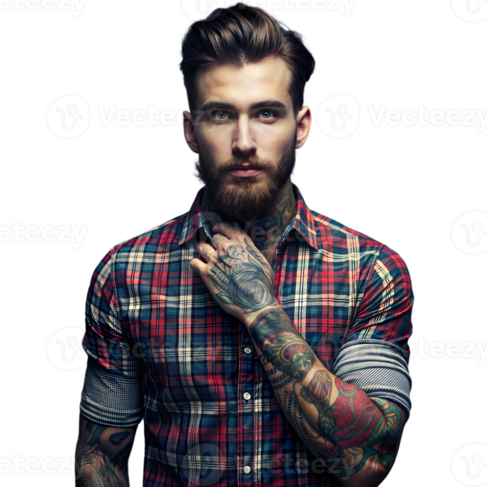 Stylish Bearded Man With Tattoos Posing in a Plaid Shirt on a Transparent Background png