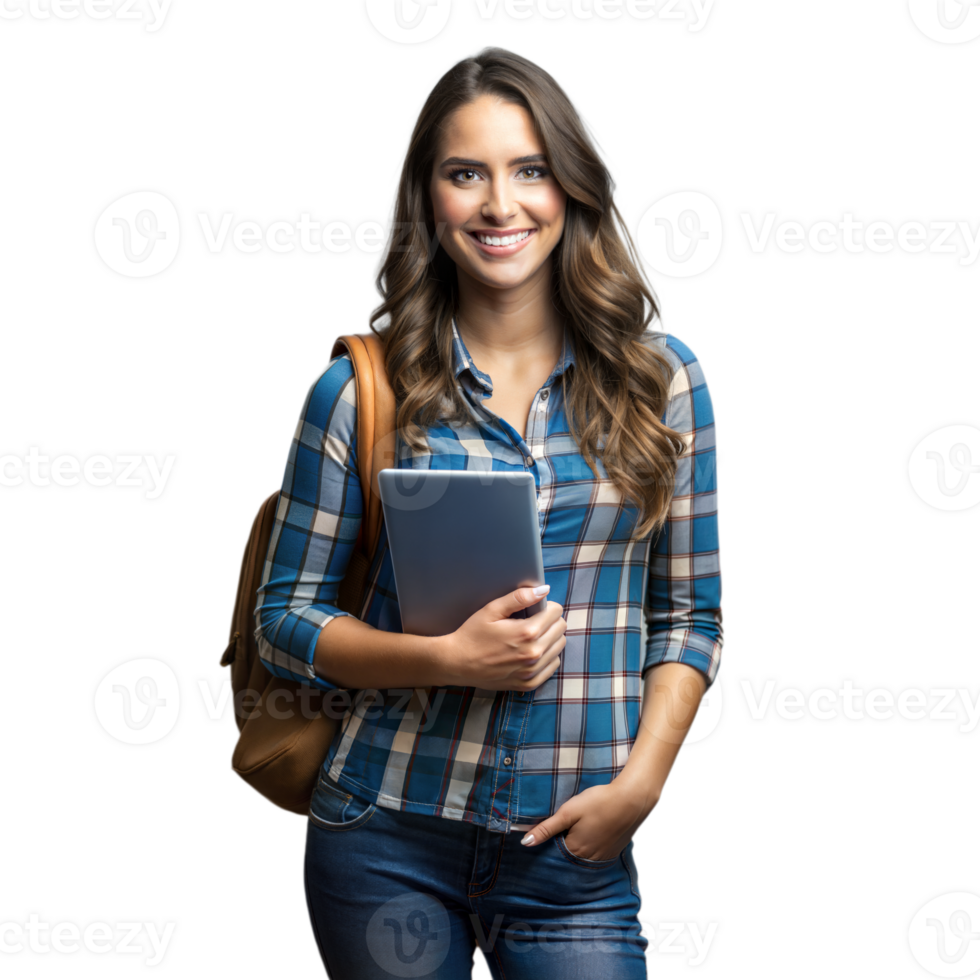 Woman in Plaid Shirt Holding Tablet on transparent background. png