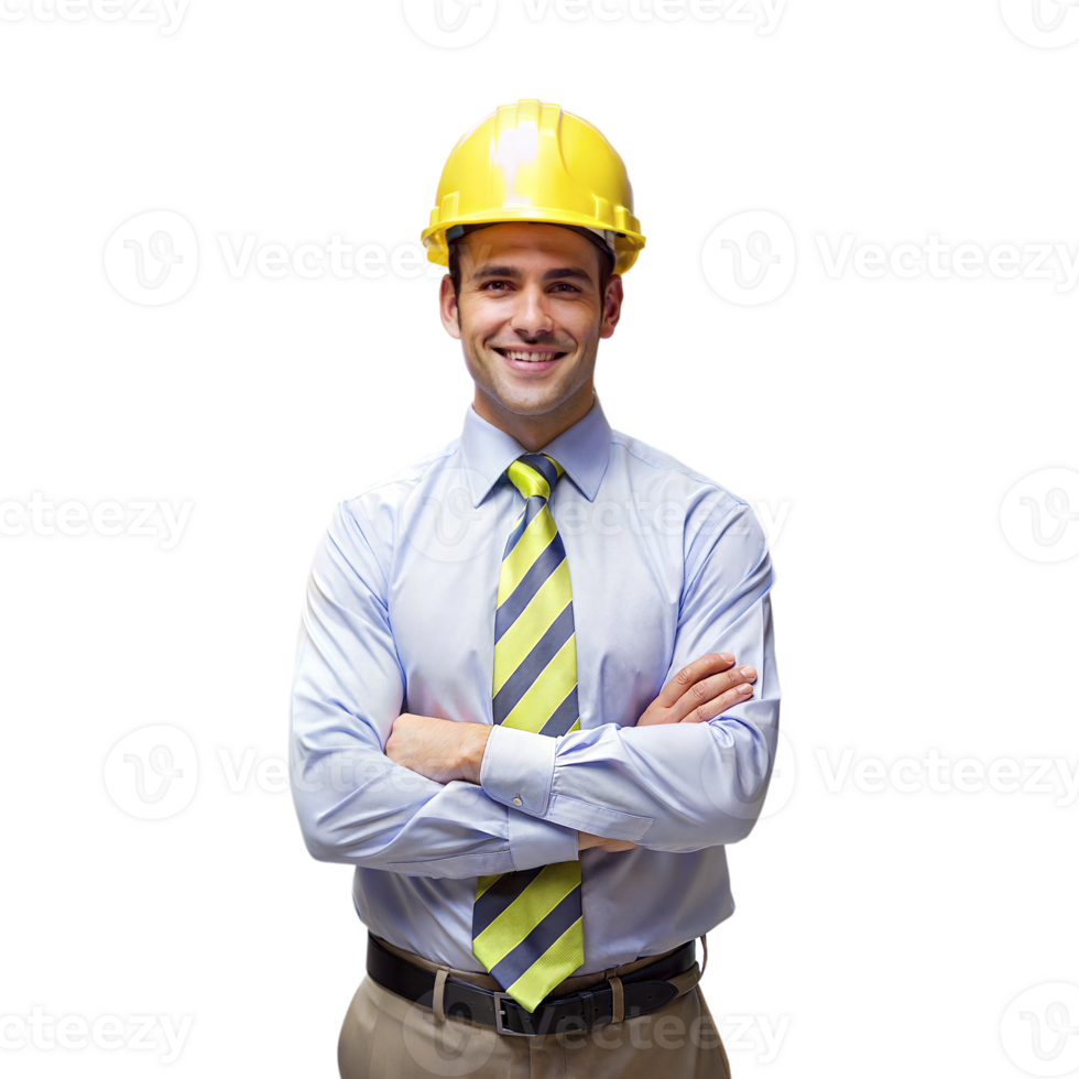 Smiling construction manager with yellow hard hat and work clothes on transparent background png