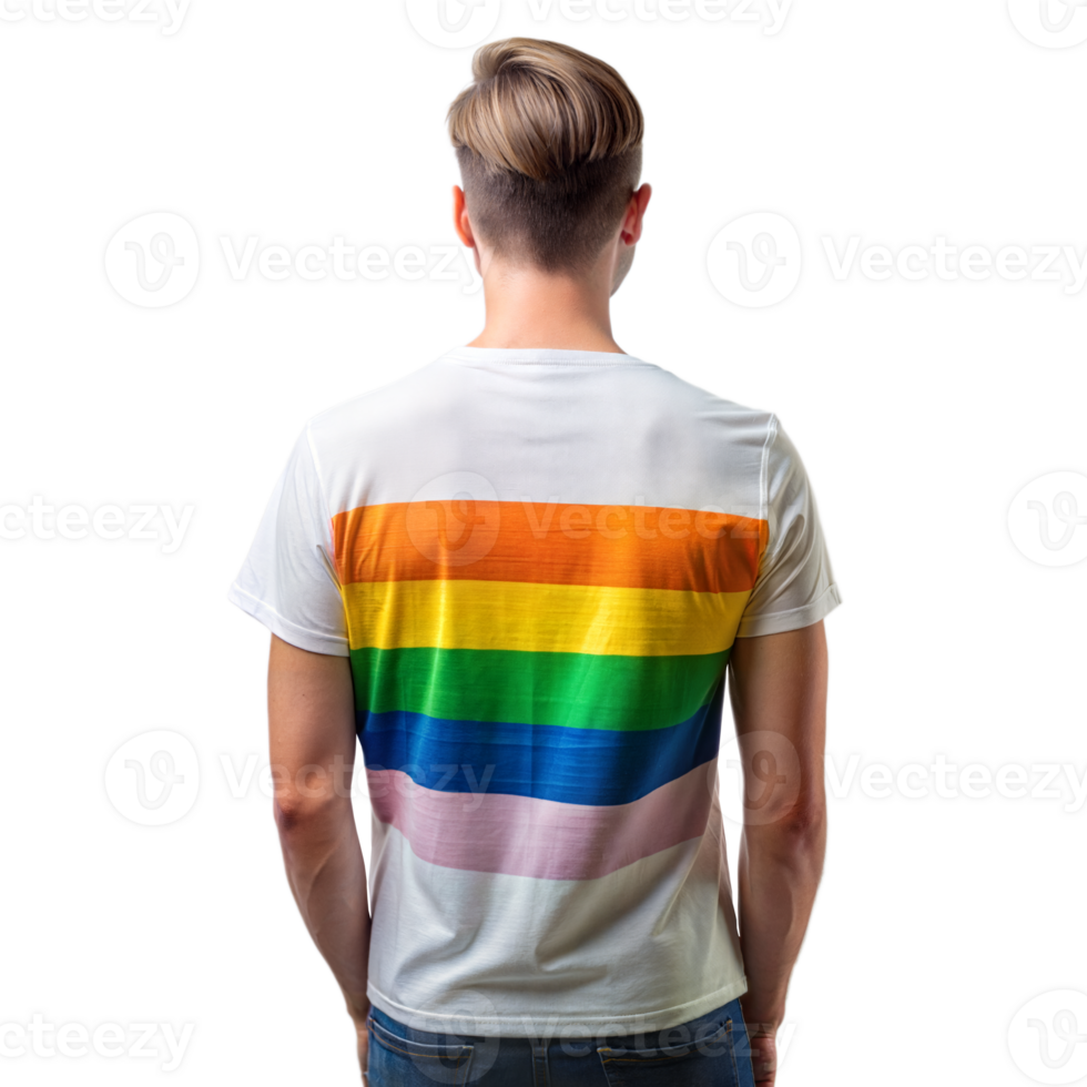 giovane uomo indossare LGBTQ arcobaleno orgoglio maglietta in piedi con fiducia png