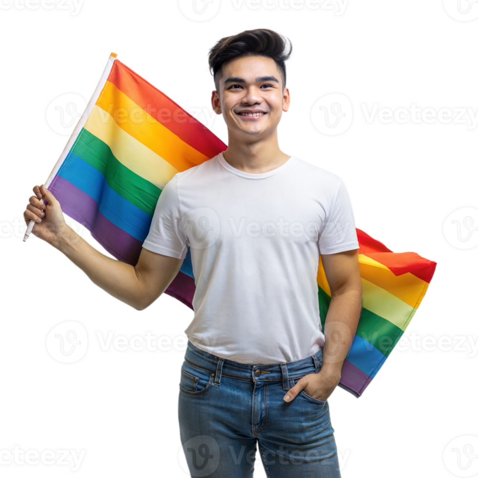 Young Man Smiling and Holding a Rainbow Pride Flag in a Studio Setting png