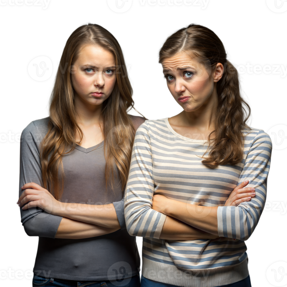 Two Young Women Standing Side by Side With Arms Crossed and Skeptical Expressions png