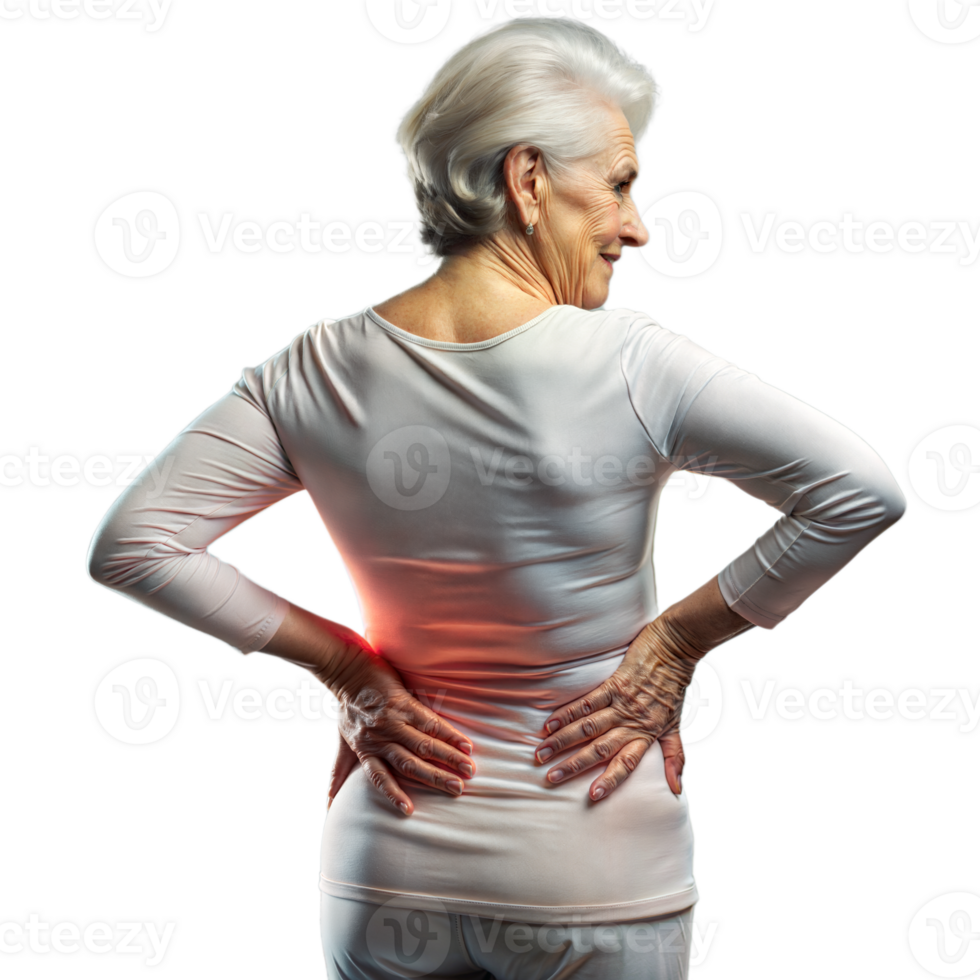 senior kvinna lidande från tillbaka smärta stående mot transparent bakgrund png