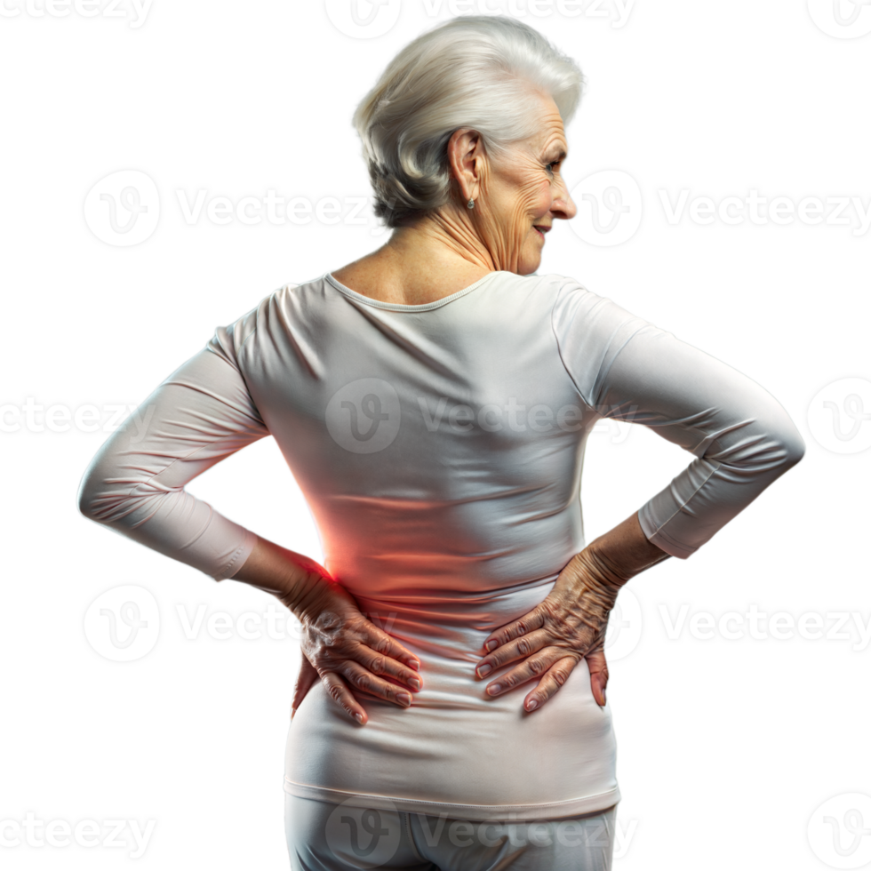 Senior Woman Suffering From Back Pain Standing Against Transparent Background png