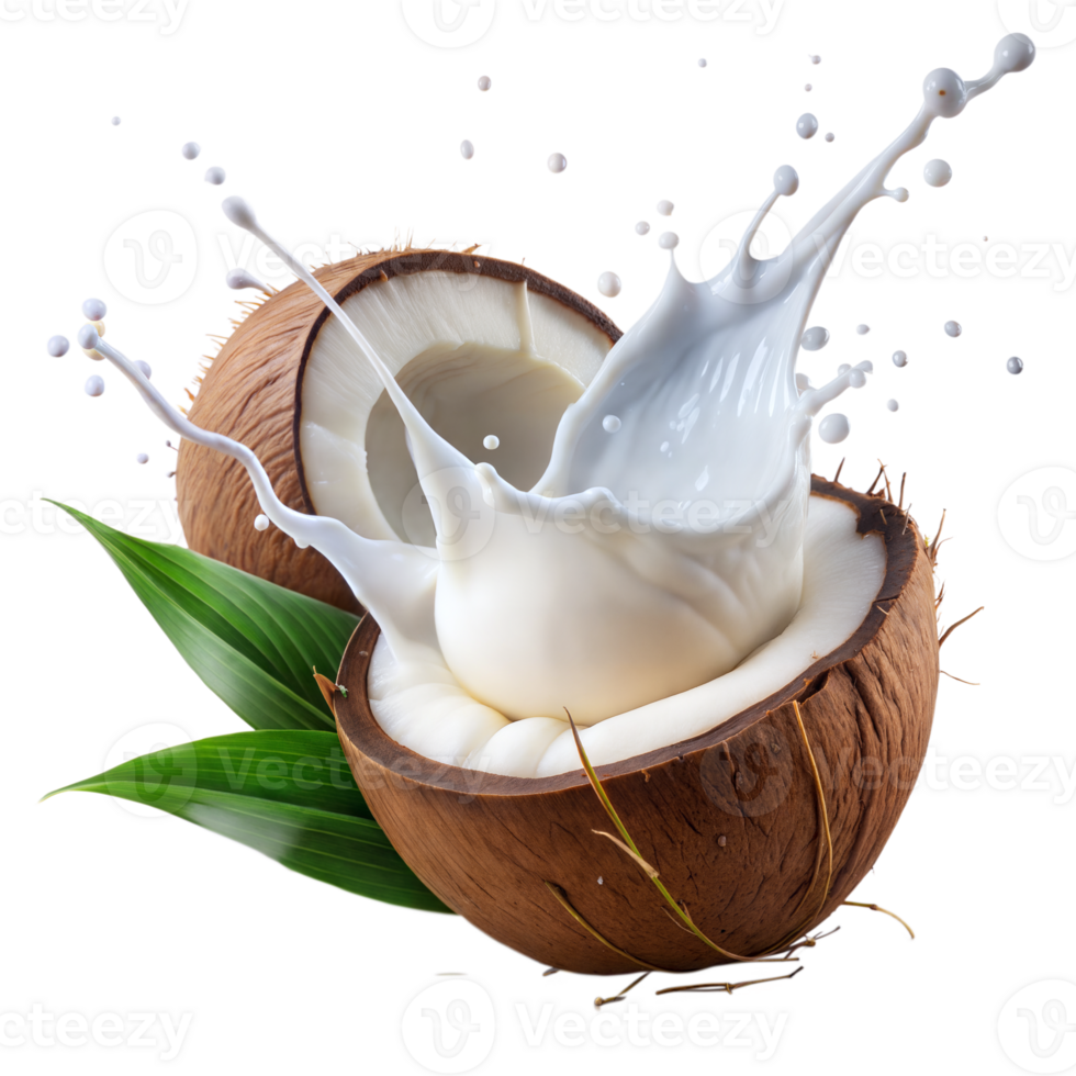 Fresh Coconut Cut in Half With Milk Splash Captured Against Transparent Background png