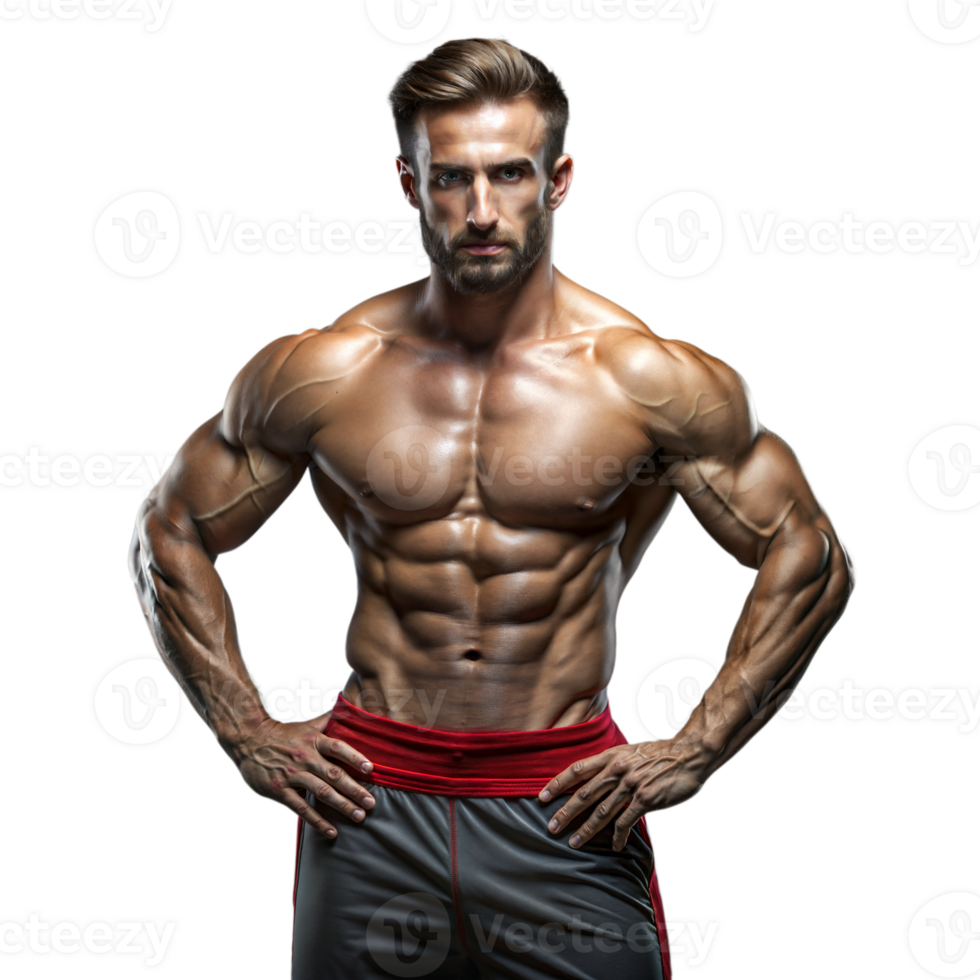 muscular hombre posando con confianza y fuerza en contra un transparente antecedentes png