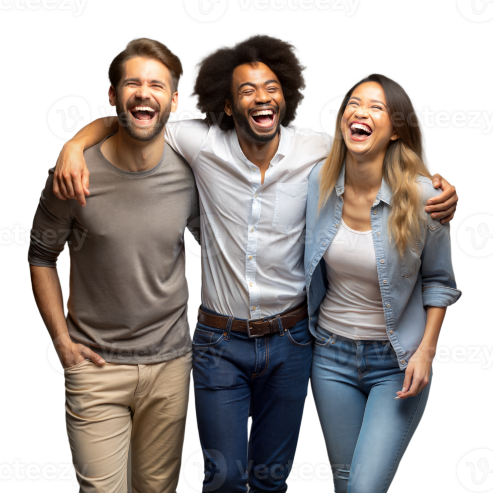 Three Friends Laughing Together Arm in Arm on a Transparent Background png