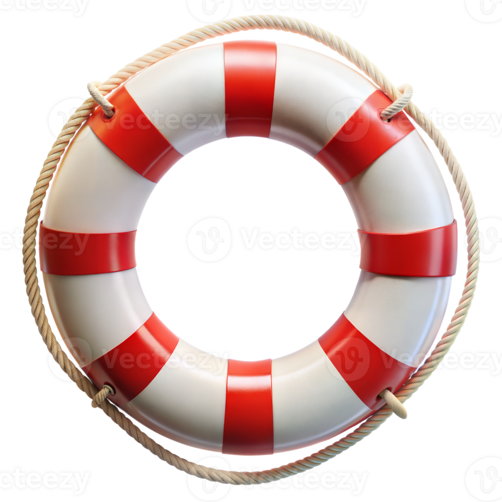 Classic White and Red Life Buoy With Rope on Transparent Background png