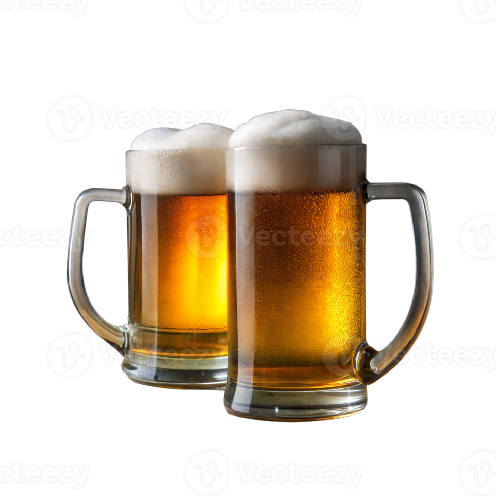 Two Full Mugs of Amber Beer With Frothy Heads and a Transparent Background png