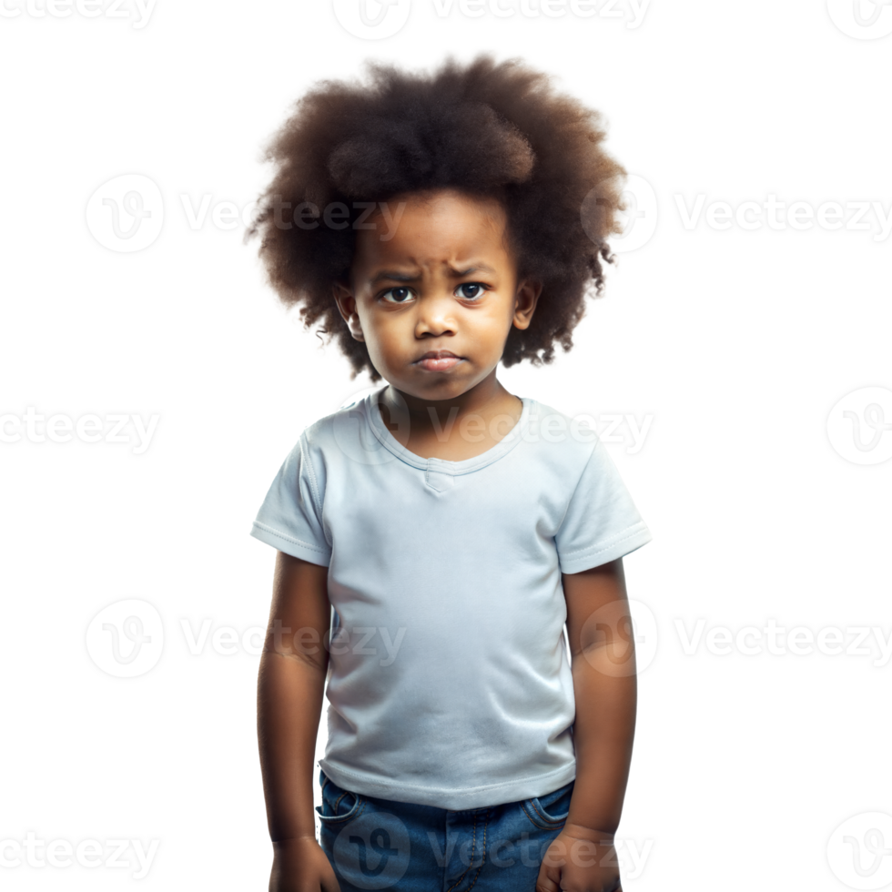 Pensive Young Child With Voluminous Hair Standing Against a Transparent Background png