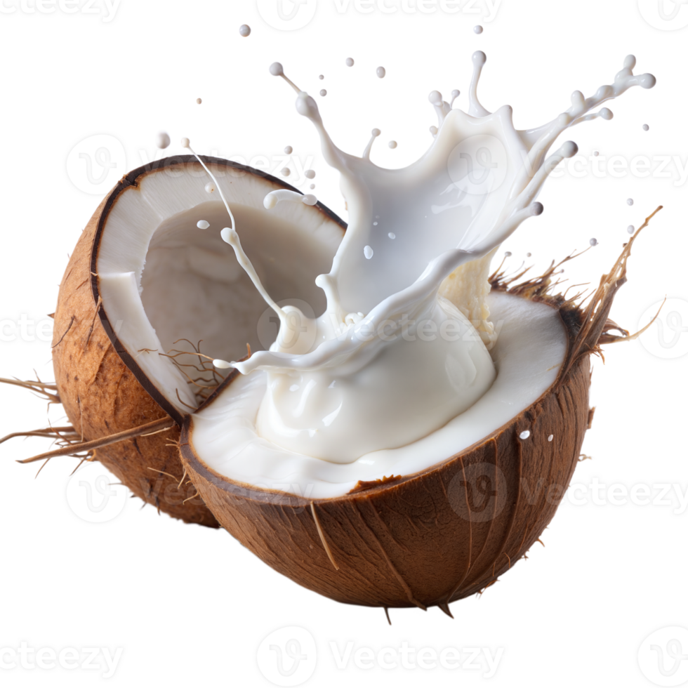 vers kokosnoot melk spatten uit van een gebarsten kokosnoot tegen een transparant achtergrond png