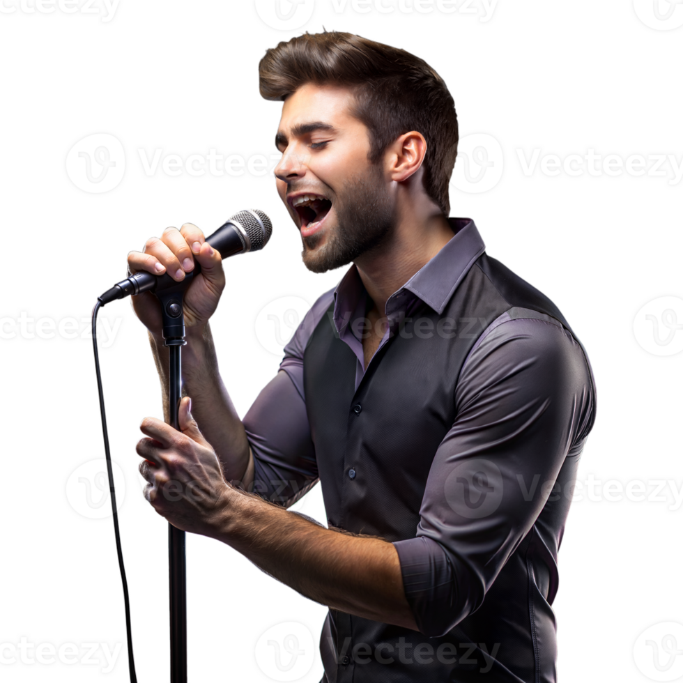 Passionate Male Singer Performing Live With a Microphone on Transparent Background png