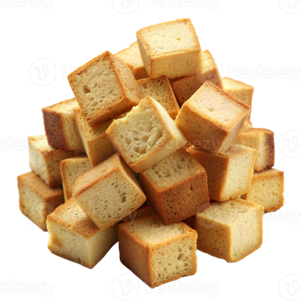 Pile of Freshly Baked Bread Cubes on a Transparent Background png