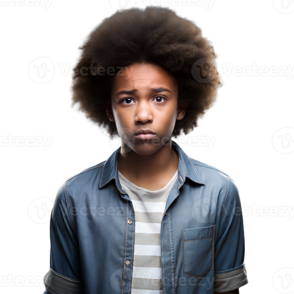 Pensive Young Boy With Curly Hair Standing Against a Transparent Background png