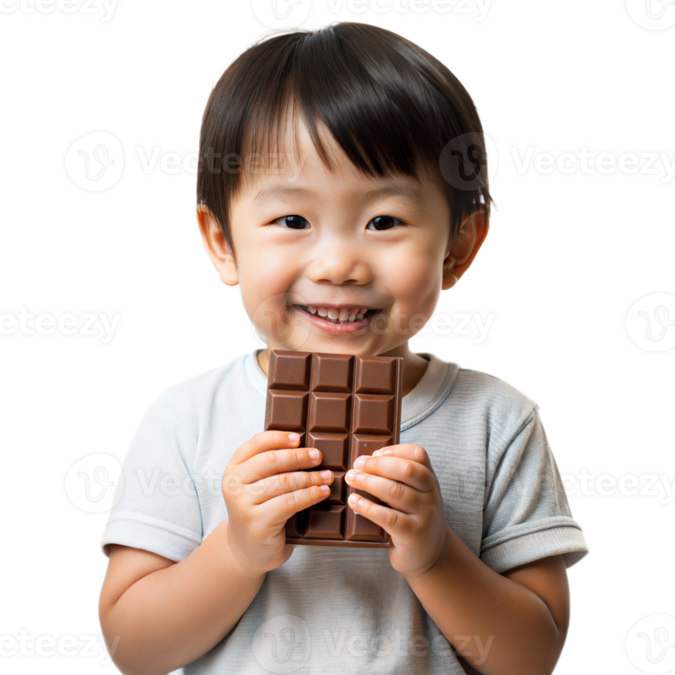 Happy Toddler Holding a Bar of Chocolate With a Transparent Background. png