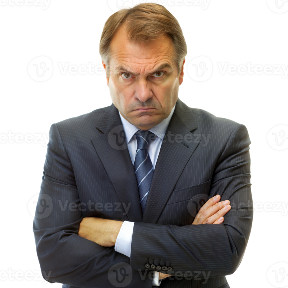 Stern Businessman Frowning With Arms Crossed Standing Against a Transparent Background png