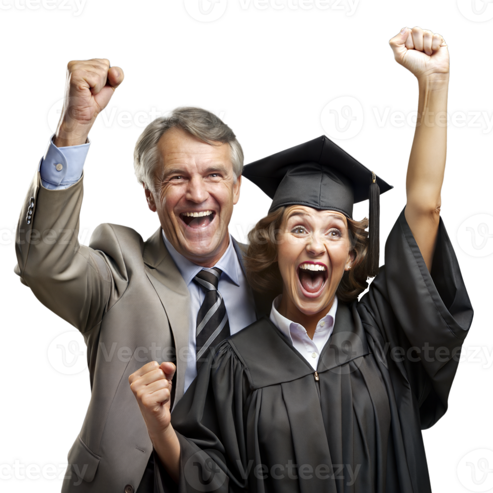 Exuberant Graduate in Cap and Gown Celebrating With Proud Mature Man Against a Transparent Background. png