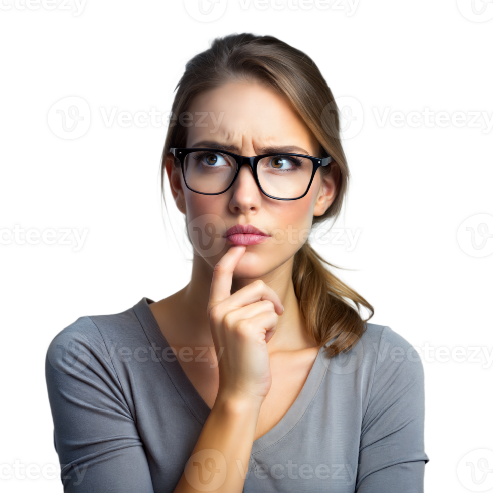 Pensive Young Woman With Glasses Looking Upward on a Transparent Background png