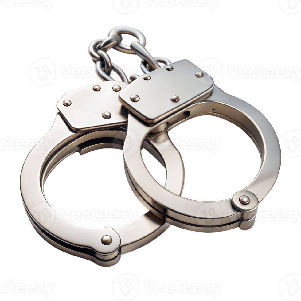 Silver Metal Handcuffs Hanging Linked by a Sturdy Chain on Transparent Background png