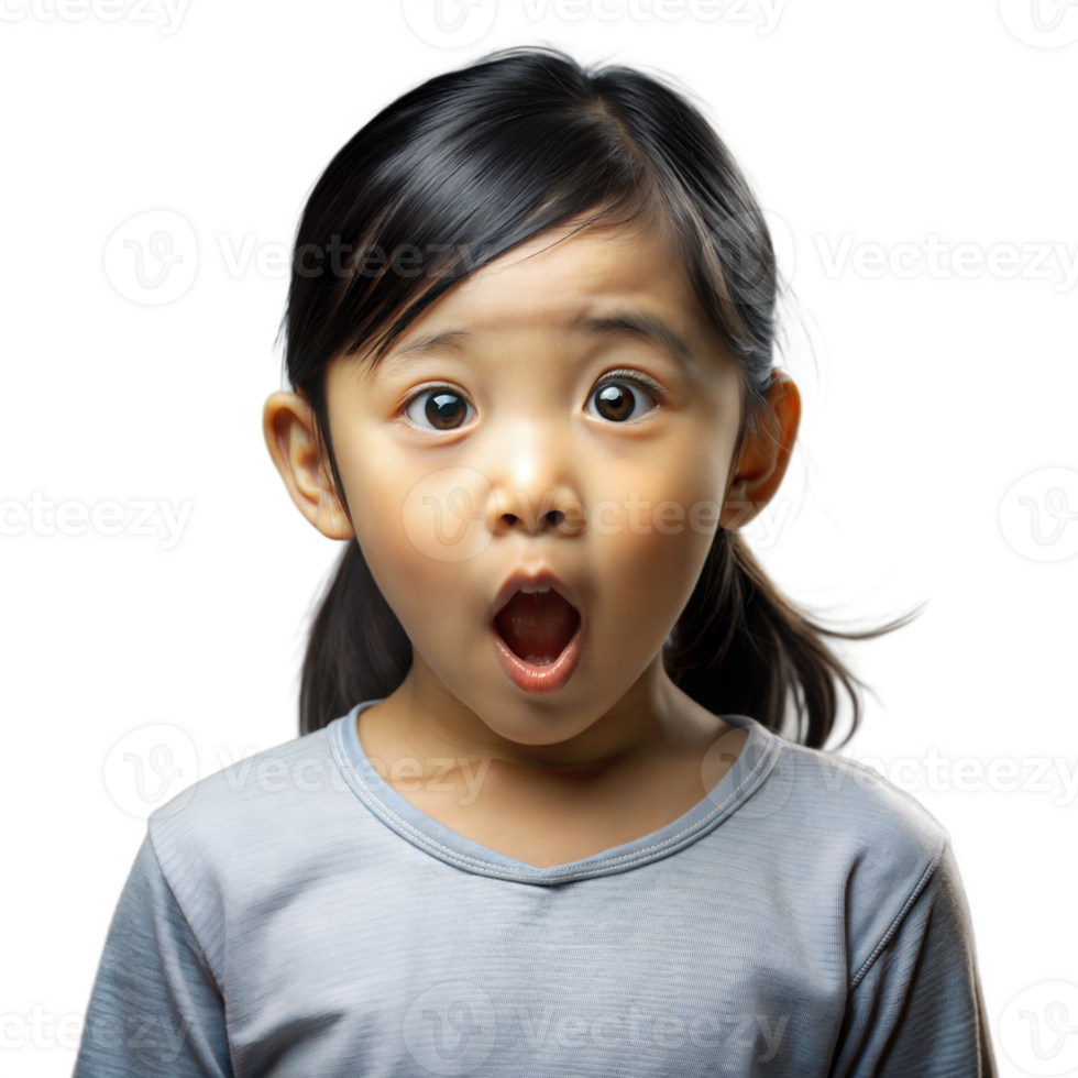 Young girl with open mouth and funny expression on transparent background. png