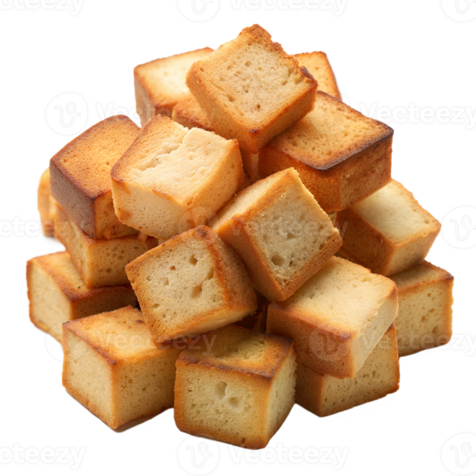 Pile of Golden Brown Baked Bread Cubes With a Transparent Background png