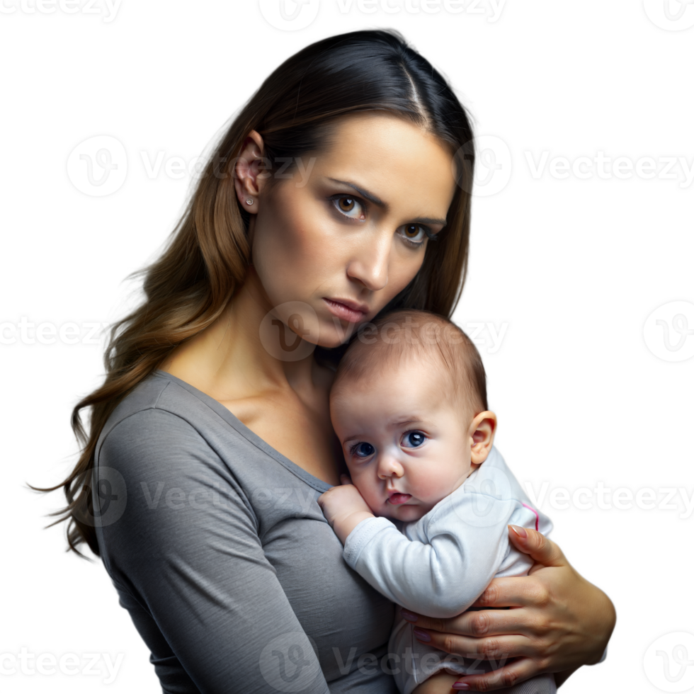Protective Young Mother Holding Her Infant Tenderly Against a Transparent Background png