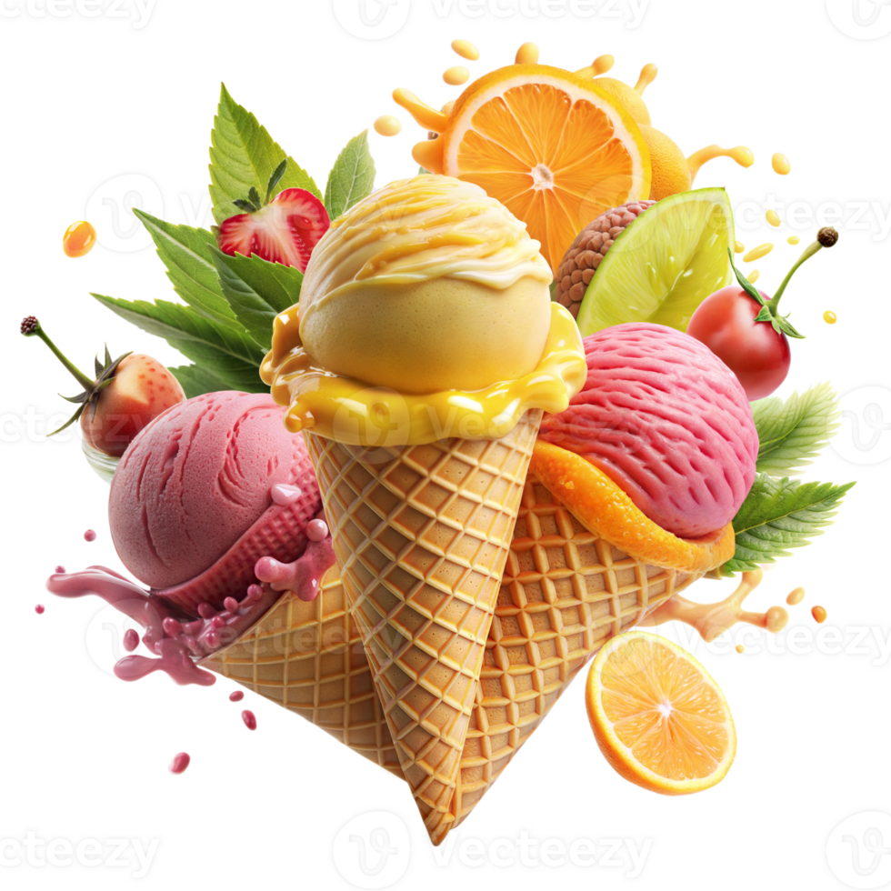 Assortment of Colorful Ice Cream Scoops in Waffle Cones With Fresh Fruits on a Transparent Background png