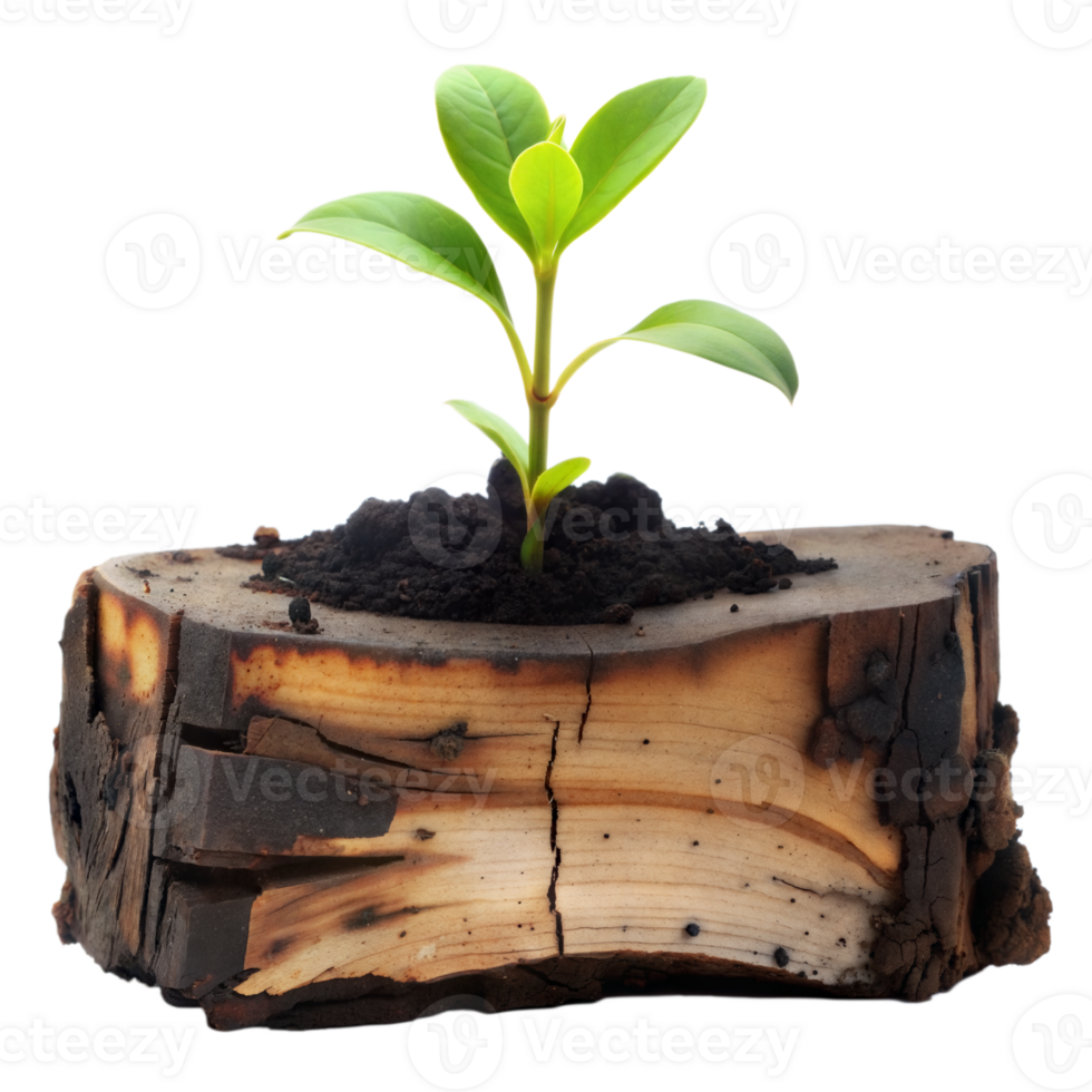 Young Plant Sprouting From a Cut Tree Log Against a Transparent Background png
