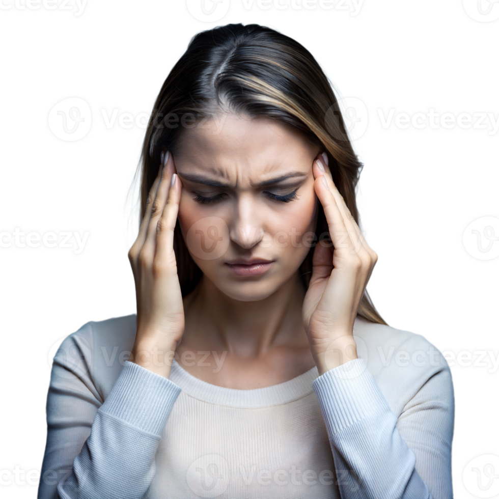 Jeune femme expérience mal de crâne ou stress avec yeux fermé sur transparent Contexte png
