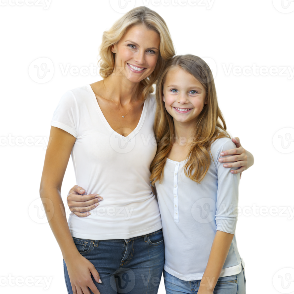 Smiling Mother and Daughter Embracing in Casual Clothing Against Transparent Background png