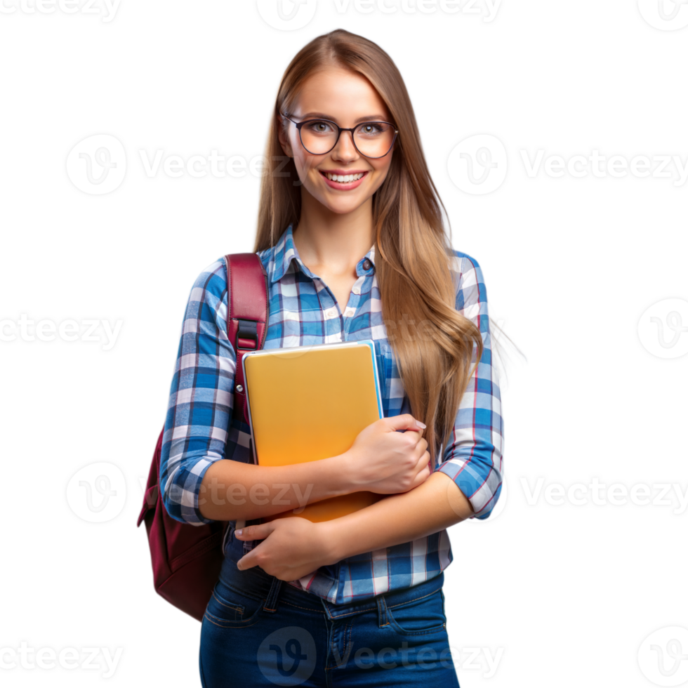 Woman With Glasses Holding a Folder and Smiling on transparent background. png