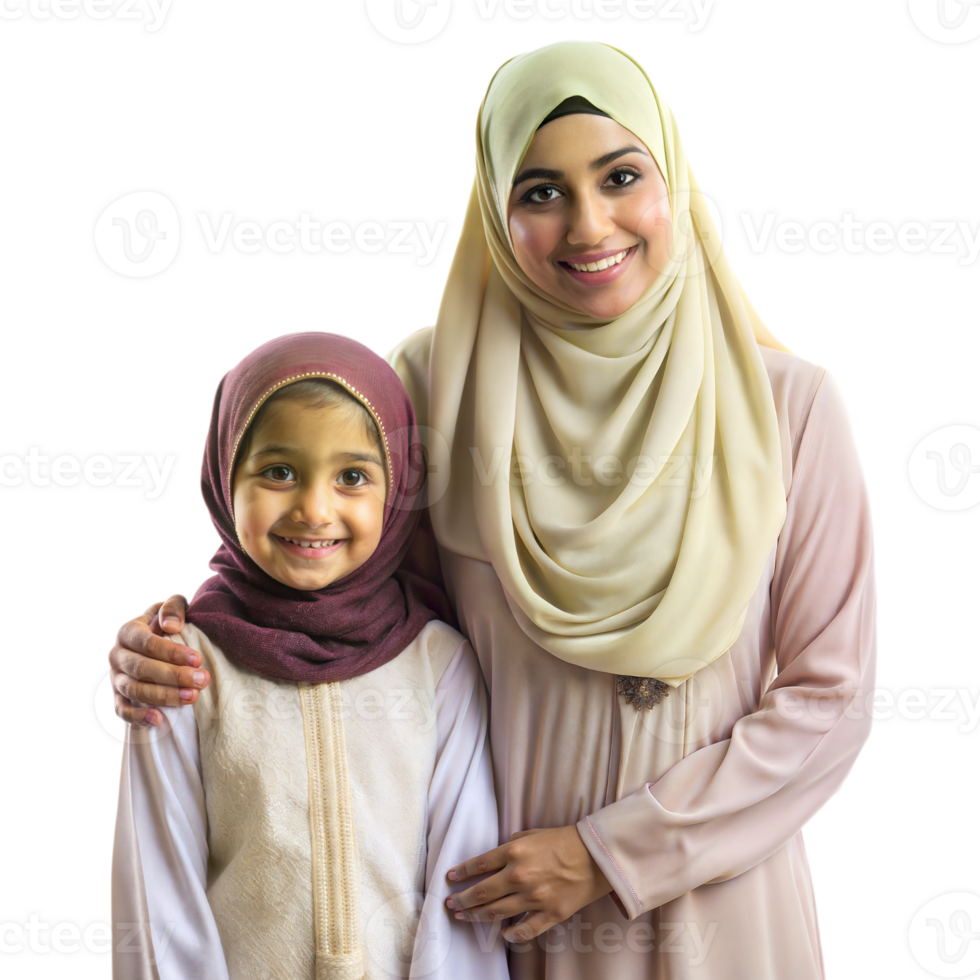 Warm, caring smiles of a mother and little daughter, both wearing traditional headscarves, on transparent background. png