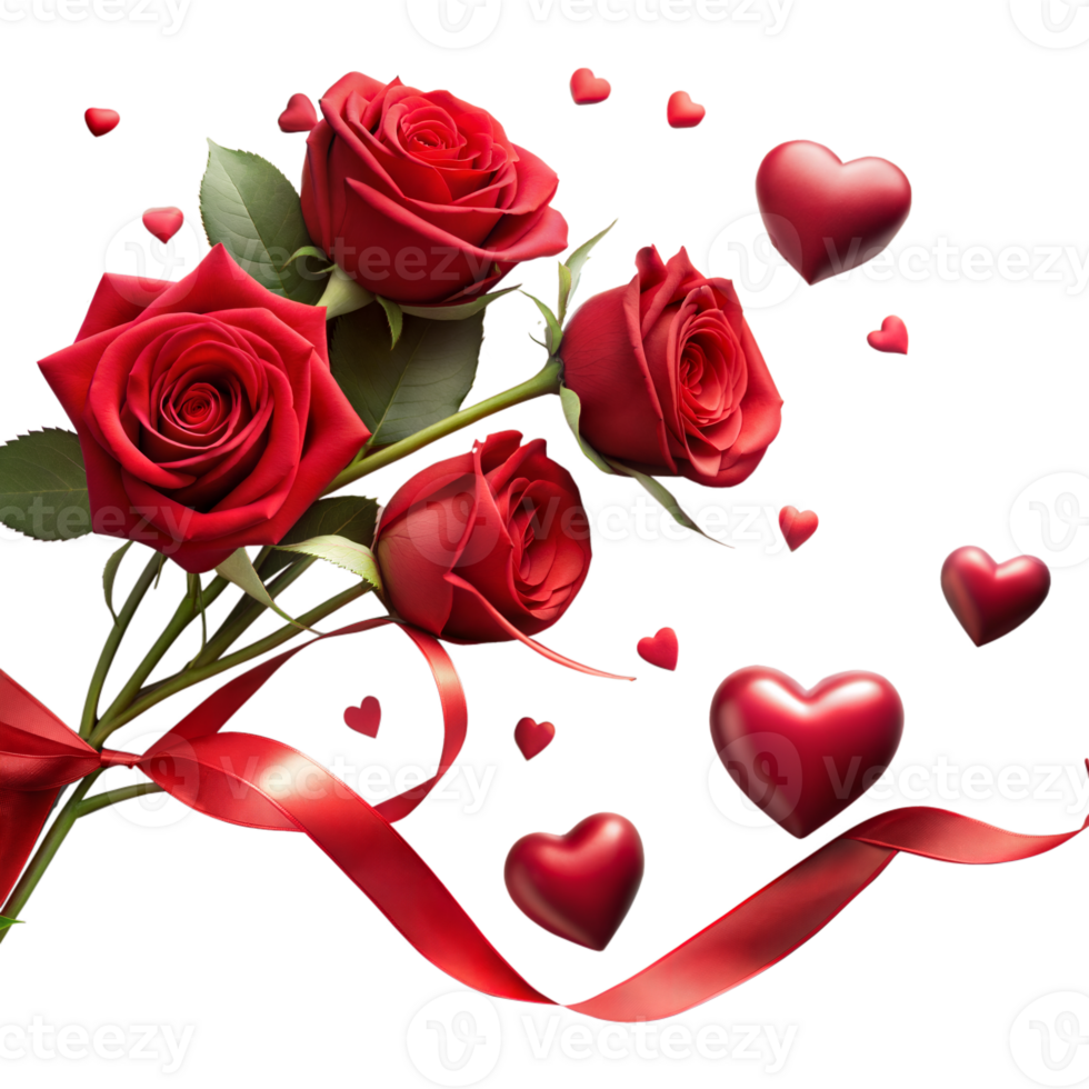 Bouquet of Red Roses With Hearts on Transparent Background png
