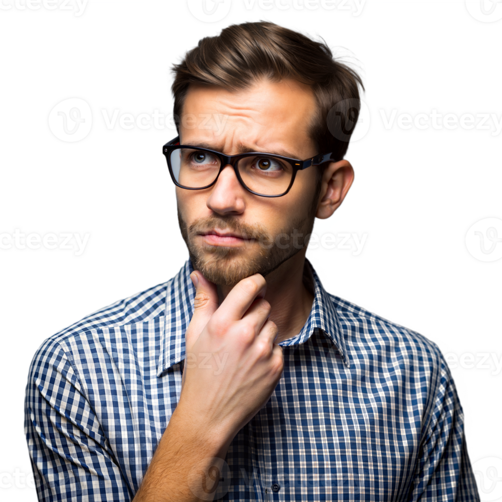 Pensive Young Man in Glasses and Plaid Shirt on Transparent Background png