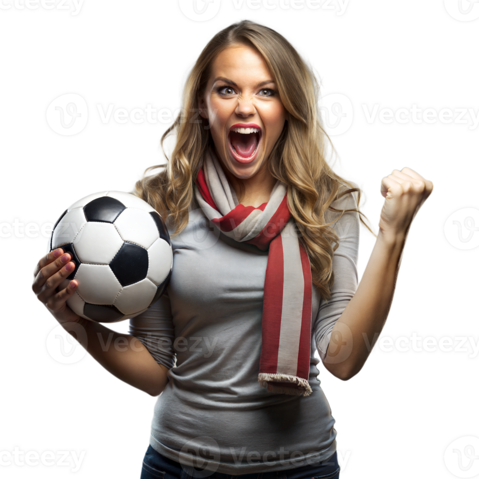 Enthusiastic Female Football Fan on Transparent Background Celebrating Victory with Ball and Cheering png