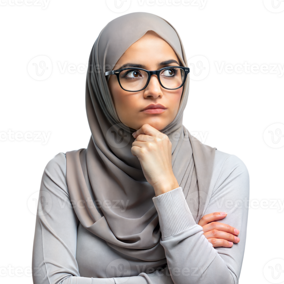 jovem mulher dentro hijab e óculos ponderando com mão em queixo contra transparente fundo png