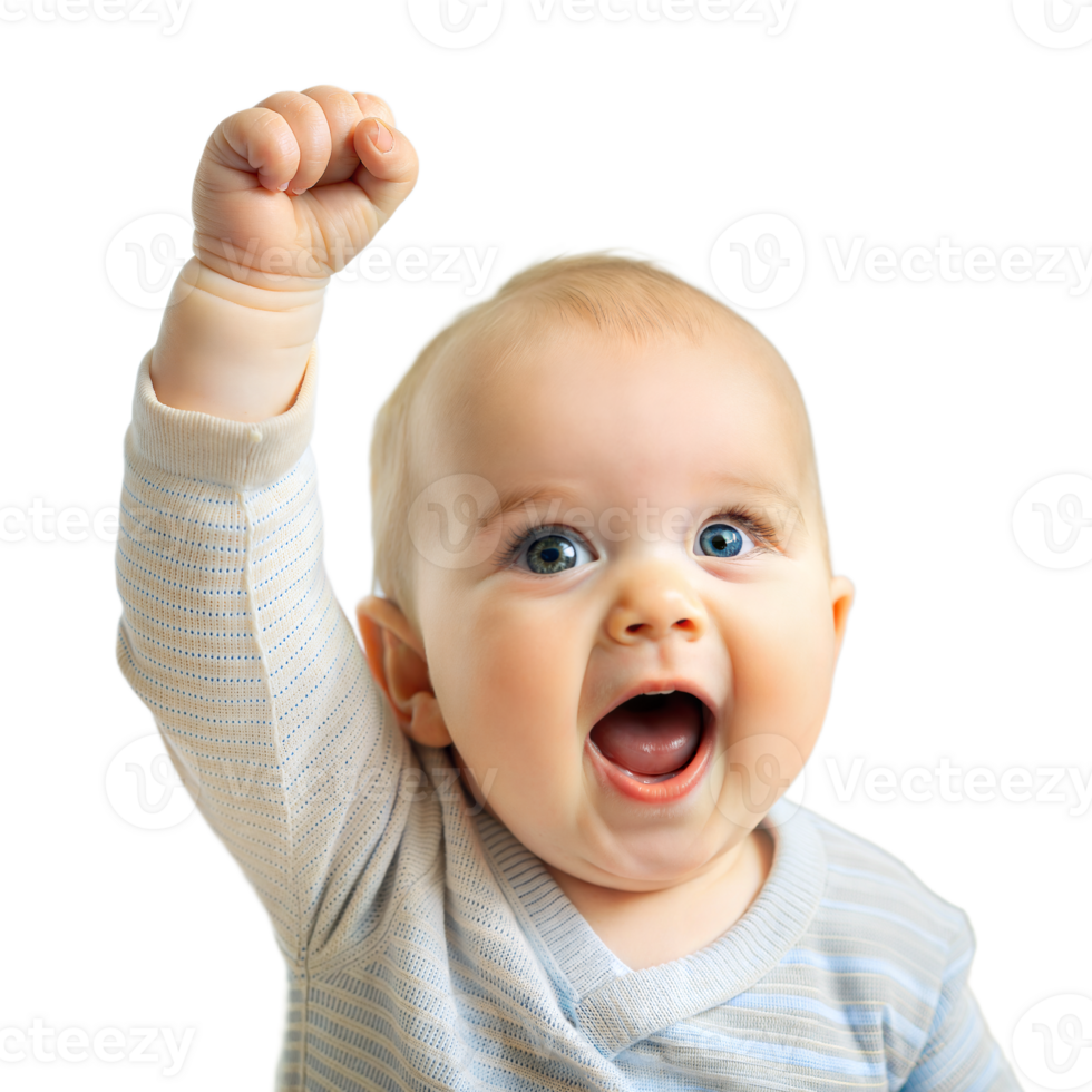 Cheerful Baby Boy Raising Hand High in a Joyful Gesture on a Transparent Background png