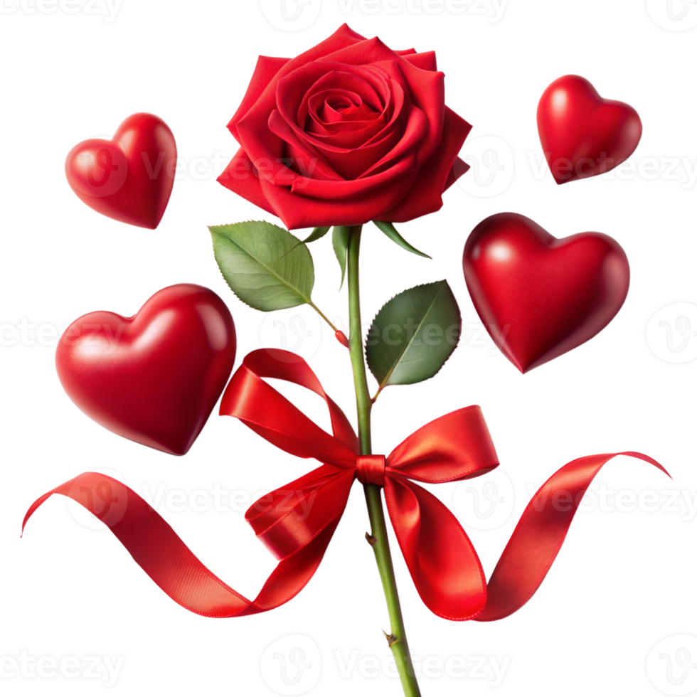 Red Rose With Ribbon and Hearts on Transparent Background png