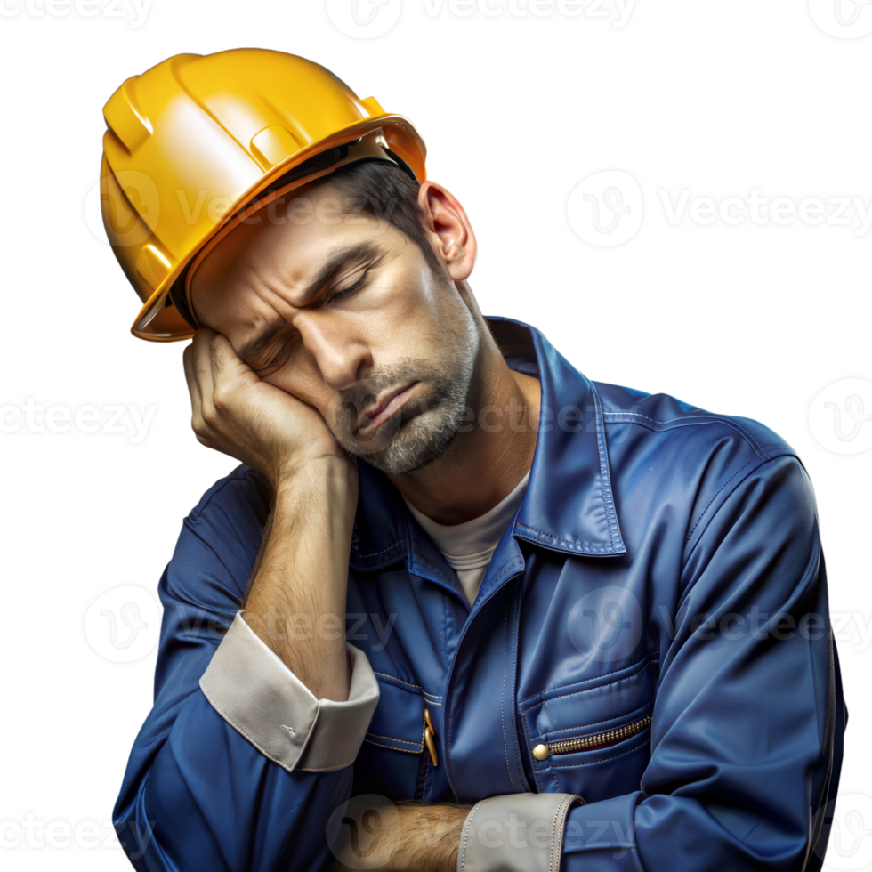 Tired Construction Worker in Blue Uniform and Helmet Taking a Break on Transparent Background png