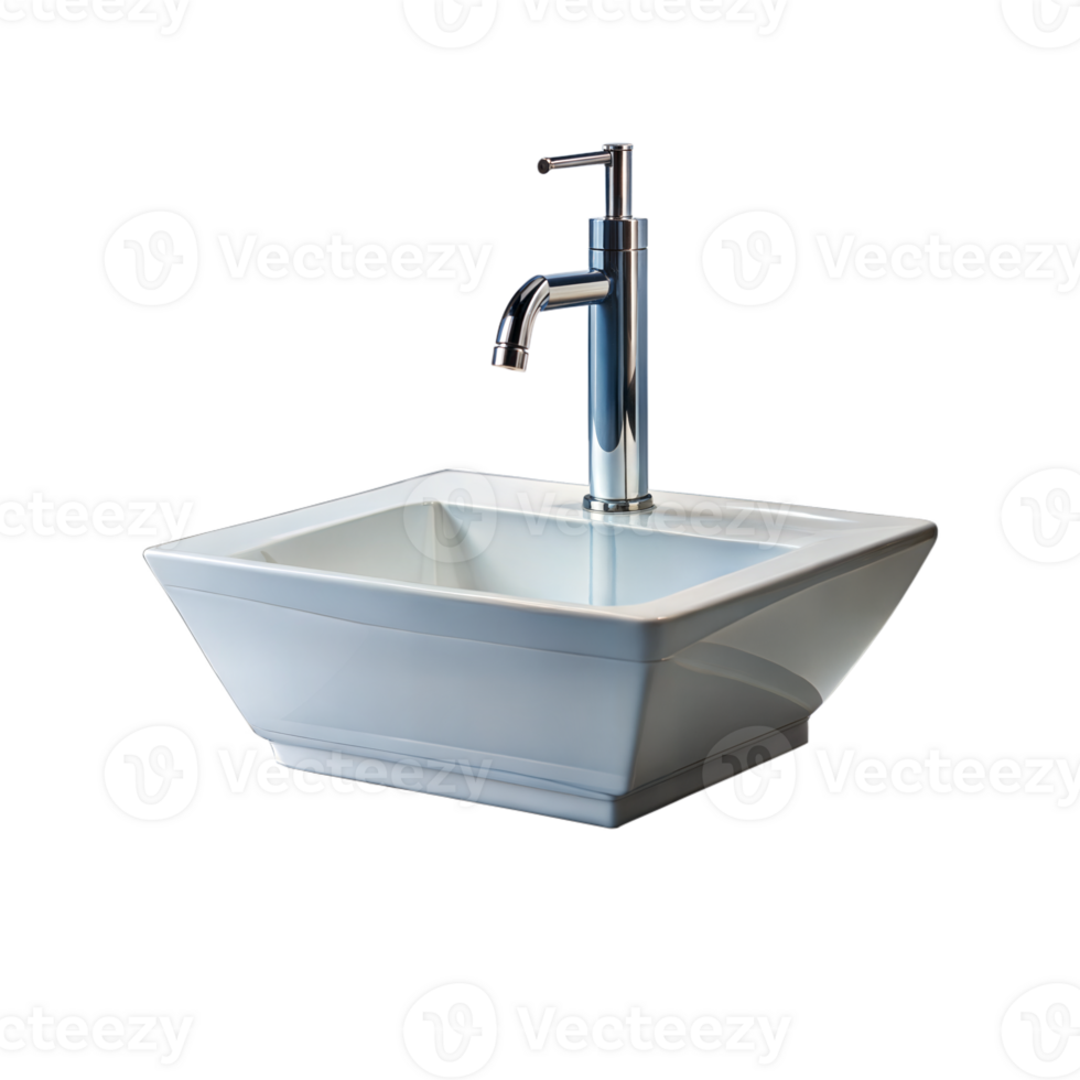 Modern Square Bathroom Sink With Chrome Faucet Against Transparent Background png