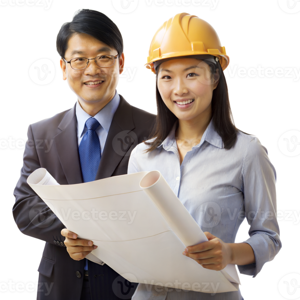 Professional Engineer and Architect Examining Plans Together During Working Hours on Transparent Background png